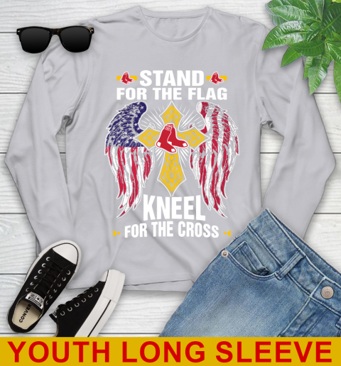 MLB Baseball Boston Red Sox Stand For Flag Kneel For The Cross Shirt Youth Long Sleeve - Image 6