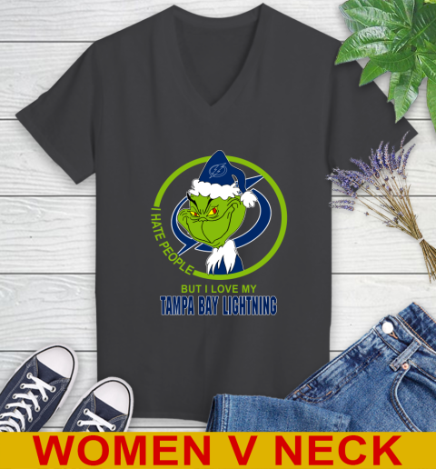 Tampa Bay Lightning NHL Christmas Grinch I Hate People But I Love My Favorite Hockey Team Women's V-Neck T-Shirt 9