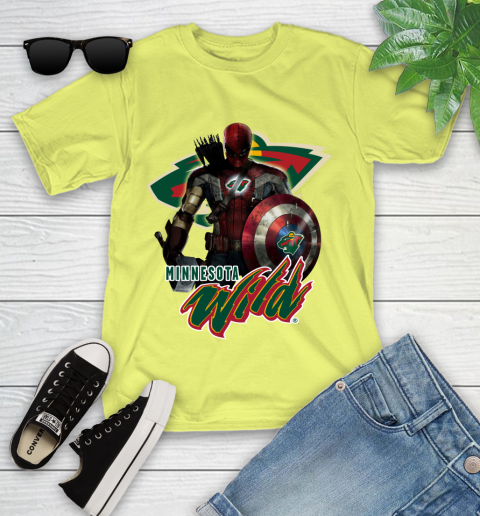 NHL Captain America Thor Spider Man Hawkeye Avengers Endgame Hockey Minnesota Wild Youth T-Shirt 8