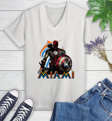 MLB Captain America Thor Spider Man Hawkeye Avengers Endgame Baseball Miami Marlins Women's V-Neck T-Shirt