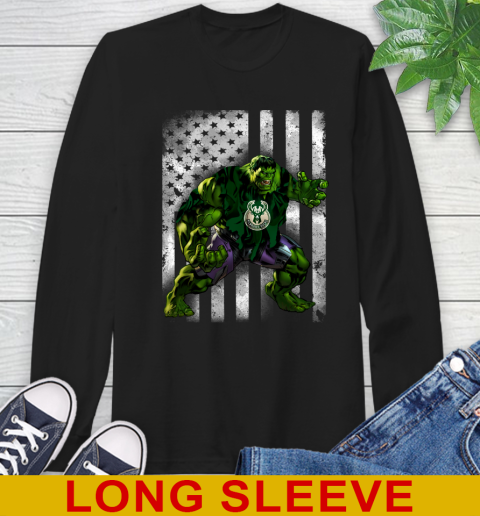 Milwaukee Bucks Hulk Marvel Avengers NBA Basketball American Flag Long Sleeve T-Shirt
