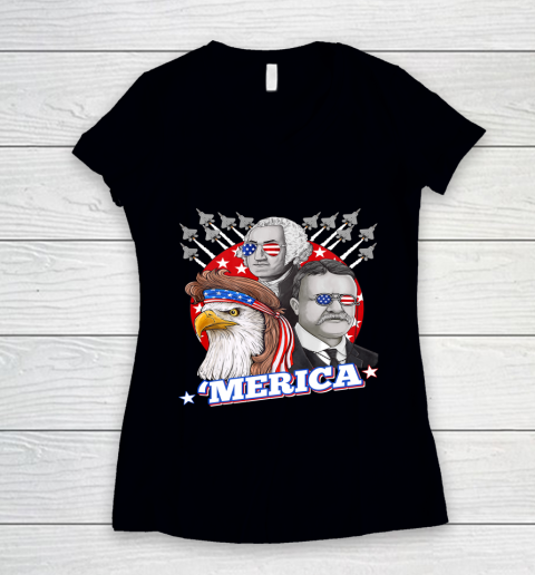 Washington Roosevelt Bald Eagle 4th Of July Patriotic Merica Women's V-Neck T-Shirt