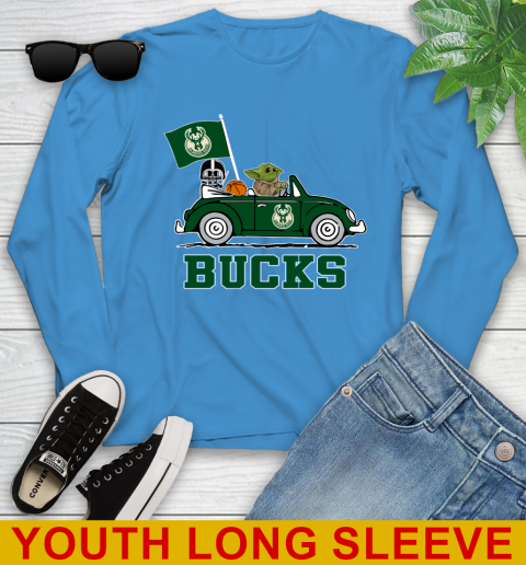 NBA Basketball Milwaukee Bucks Darth Vader Baby Yoda Driving Star Wars Shirt Youth Long Sleeve 8