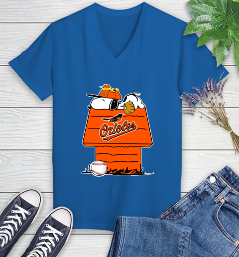 MLB Baltimore Orioles Snoopy Woodstock The Peanuts Movie Baseball T Shirt Women's V-Neck T-Shirt 10