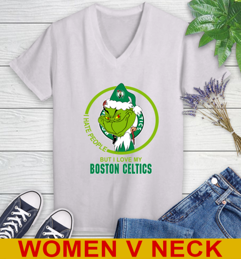 Boston Celtics NBA Christmas Grinch I Hate People But I Love My Favorite Basketball Team Women's V-Neck T-Shirt