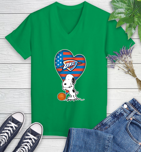 Oklahoma City Thunder NBA Basketball The Peanuts Movie Adorable Snoopy Women's V-Neck T-Shirt 5