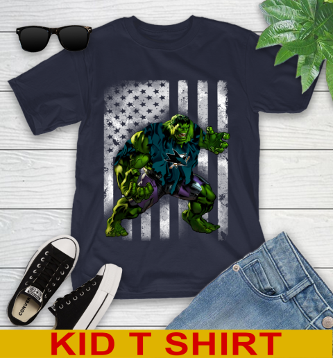 San Jose Sharks Hulk Marvel Avengers NHL Hockey American Flag Youth T-Shirt 2
