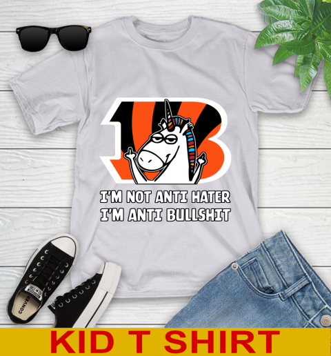 Cincinnati Bengals NFL Football Unicorn I'm Not Anti Hater I'm Anti Bullshit Youth T-Shirt 5