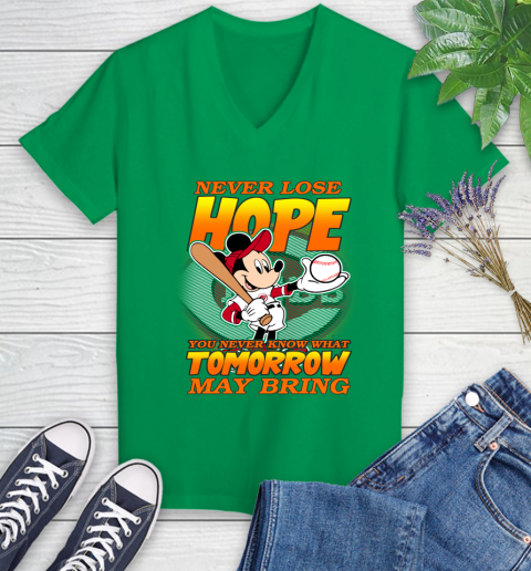 Cincinnati Reds MLB Baseball Mickey Disney Never Lose Hope Women's V-Neck T-Shirt 5