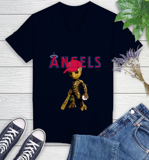 MLB Los Angeles Angels Groot Guardians Of The Galaxy Baseball Women's V-Neck T-Shirt 3