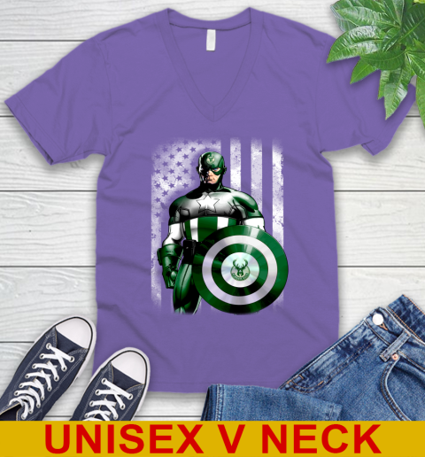 Milwaukee Bucks NBA Basketball Captain America Marvel Avengers American Flag Shirt V-Neck T-Shirt 8