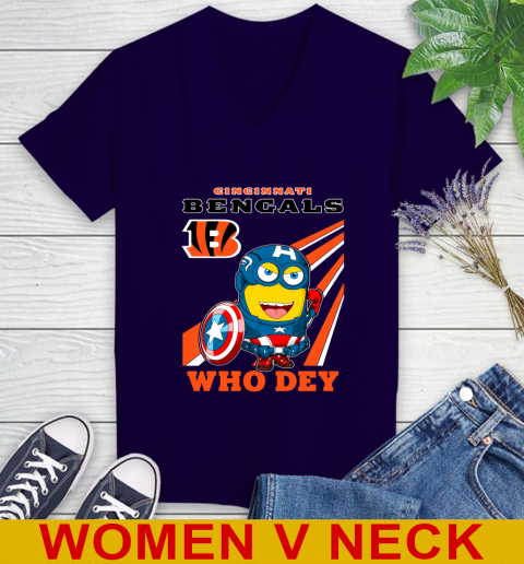 NFL Football Cincinnati Bengals Captain America Marvel Avengers Minion Shirt Women's V-Neck T-Shirt 3