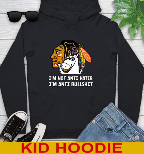 Chicago Blackhawks NHL Hockey Unicorn I'm Not Anti Hater I'm Anti Bullshit Youth Hoodie 2
