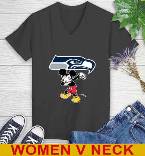 Seattle Seahawks NFL Football Dabbing Mickey Disney Sports Women's V-Neck T-Shirt 9