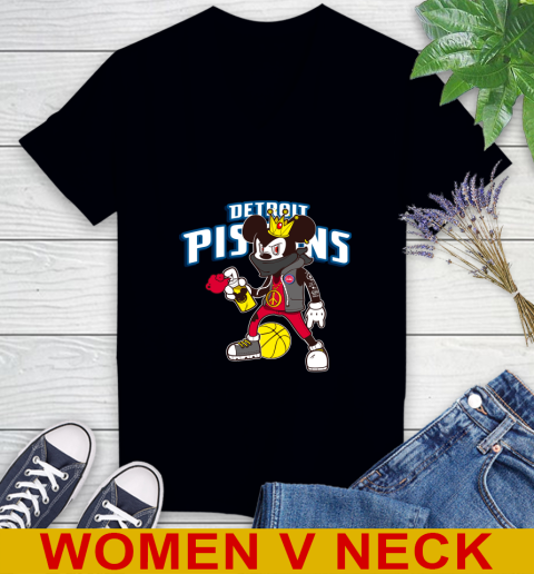 Detroit Pistons NBA Basketball Mickey Peace Sign Sports Women's V-Neck T-Shirt 2