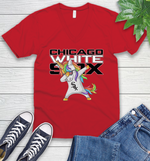 Chicago White Sox MLB Baseball Funny Unicorn Dabbing Sports V-Neck T-Shirt 7