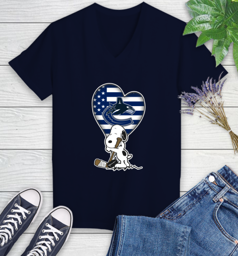 Vancouver Canucks NHL Hockey The Peanuts Movie Adorable Snoopy Women's V-Neck T-Shirt 3