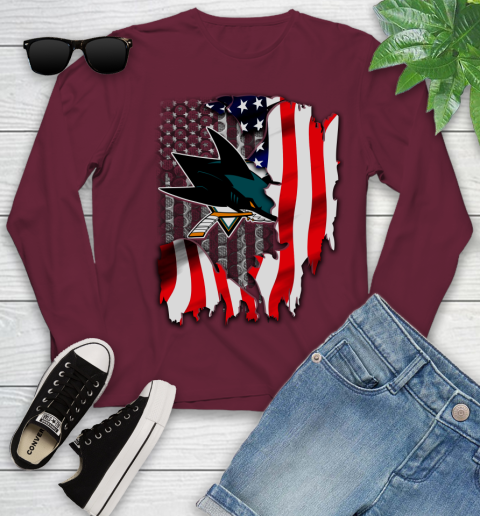 San Jose Sharks NHL Hockey American Flag Youth Long Sleeve 6