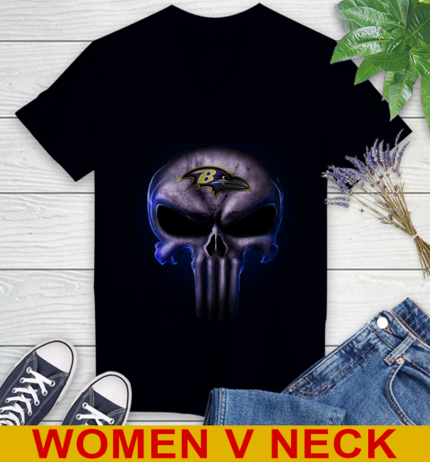 Baltimore Ravens NFL Football Punisher Skull Sports Women's V-Neck T-Shirt