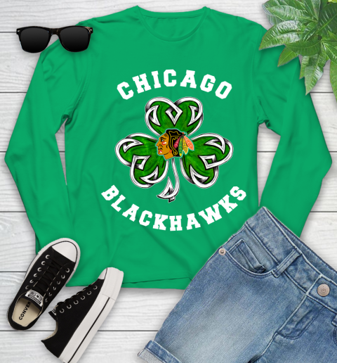 NHL Chicago Blackhawks Three Leaf Clover St Patrick's Day Hockey Sports Youth Long Sleeve 7