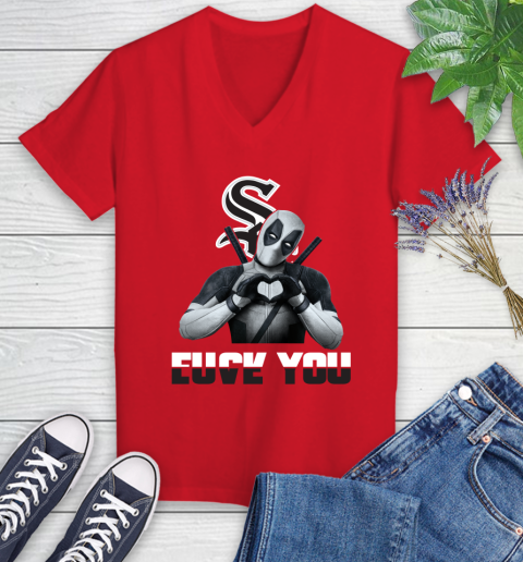 MLB Chicago White Sox Deadpool Love You Fuck You Baseball Sports Women's V-Neck T-Shirt 11