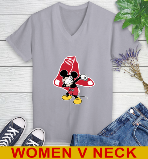 Boston Red Sox MLB Baseball Dabbing Mickey Disney Sports Women's V-Neck T-Shirt 5