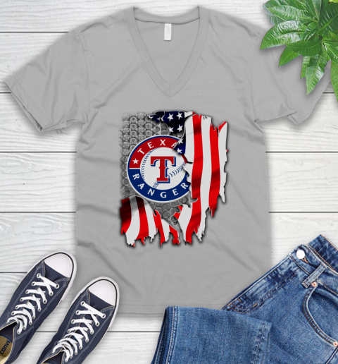 Texas Rangers MLB Baseball American Flag V-Neck T-Shirt 3