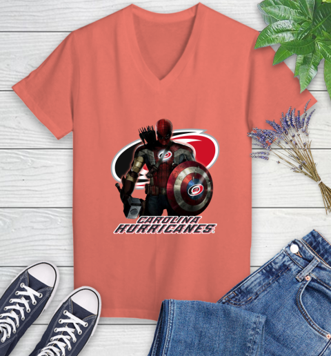 NHL Captain America Thor Spider Man Hawkeye Avengers Endgame Hockey Carolina Hurricanes Women's V-Neck T-Shirt 6