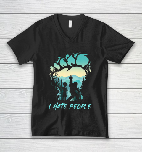 Alien Bigfoot Middle Finger I Hate People Funny Camping V-Neck T-Shirt