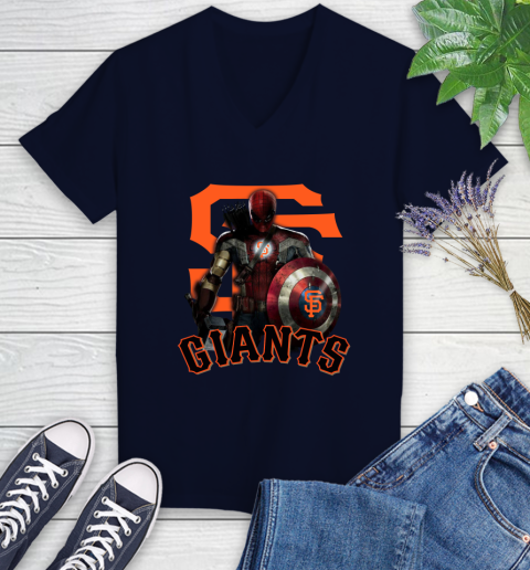 MLB Captain America Thor Spider Man Hawkeye Avengers Endgame Baseball San Francisco Giants Women's V-Neck T-Shirt 3