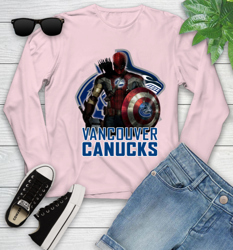 NHL Captain America Thor Spider Man Hawkeye Avengers Endgame Hockey Vancouver Canucks Youth Long Sleeve 10