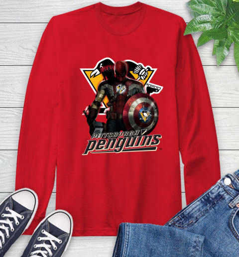 NHL Captain America Thor Spider Man Hawkeye Avengers Endgame Hockey Pittsburgh Penguins Long Sleeve T-Shirt 10