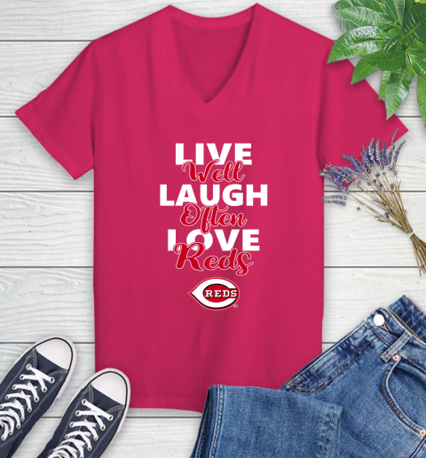 MLB Baseball Cincinnati Reds Live Well Laugh Often Love Shirt Women's V-Neck T-Shirt 7