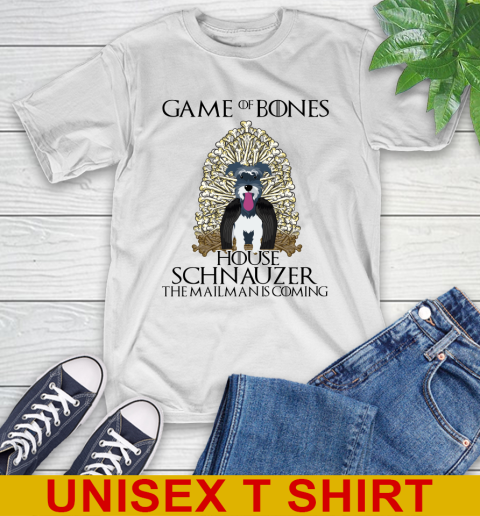 Game of bones house schnauzer dog the mailman is coming tshirt