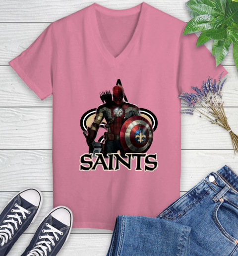 NFL Captain America Thor Spider Man Hawkeye Avengers Endgame Football New Orleans Saints Women's V-Neck T-Shirt 13