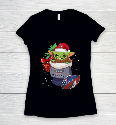 Houston Texans Christmas Baby Yoda Star Wars Funny Happy NFL Women's V-Neck T-Shirt