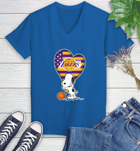 Los Angeles Lakers NBA Basketball The Peanuts Movie Adorable Snoopy Women's V-Neck T-Shirt 10