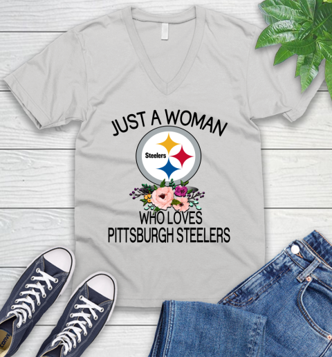 NFL Just A Woman Who Loves Pittsburgh Steelers Football Sports V-Neck T-Shirt
