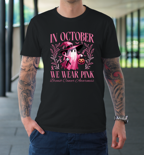 In October We Wear Pink Witch Ghost Pumpkin Breast Cancer T-Shirt