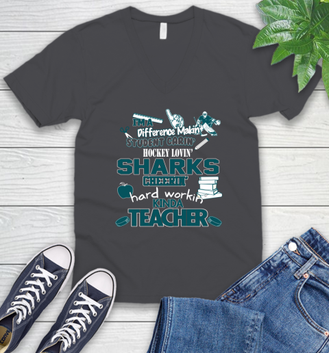 San Jose Sharks NHL I'm A Difference Making Student Caring Hockey Loving Kinda Teacher V-Neck T-Shirt 4