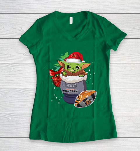 Cincinnati Bengals Christmas Baby Yoda Star Wars Funny Happy NFL Women's V-Neck T-Shirt 5