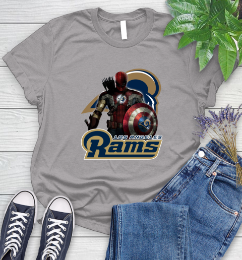 NFL Captain America Thor Spider Man Hawkeye Avengers Endgame Football Los Angeles Rams Women's T-Shirt 5