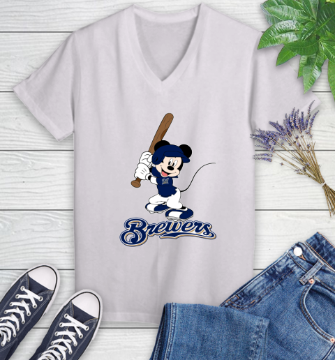 MLB Baseball Milwaukee Brewers Cheerful Mickey Mouse Shirt Women's V-Neck T-Shirt 2