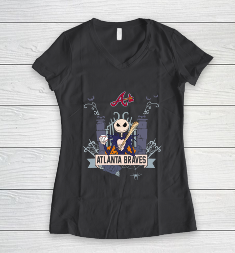 MLB Atlanta Braves Baseball Jack Skellington Halloween Women's V-Neck T-Shirt 6