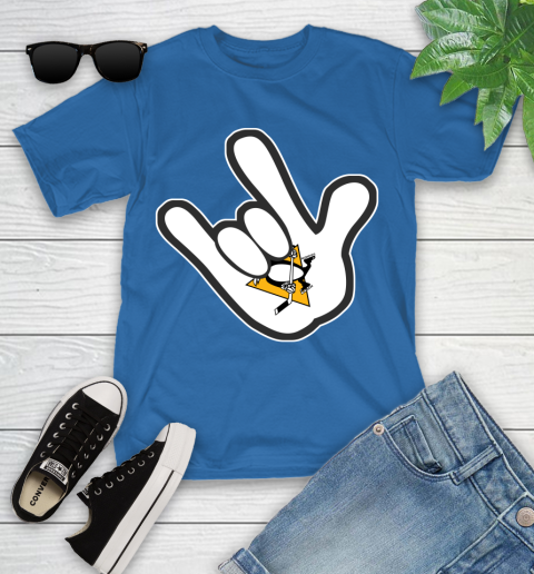 Pittsburgh Penguins NHL Hockey Mickey Rock Hand Disney Youth T-Shirt 9