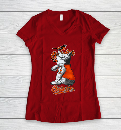 MLB Baseball My Cat Loves Baltimore Orioles Women's V-Neck T-Shirt 8