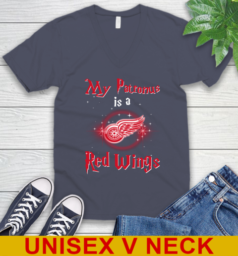 NHL Hockey Harry Potter My Patronus Is A Detroit Red Wings V-Neck T-Shirt 7