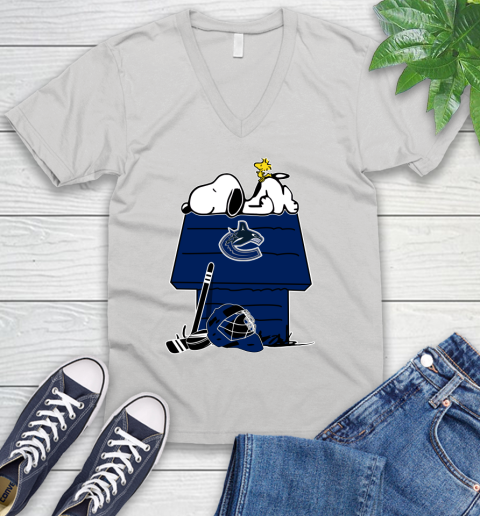 Vancouver Canucks NHL Hockey Snoopy Woodstock The Peanuts Movie V-Neck T-Shirt