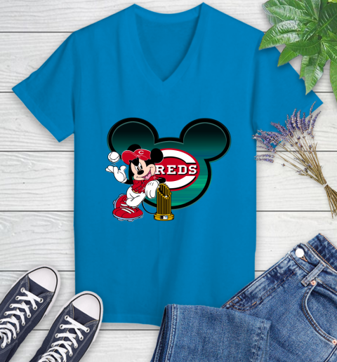 MLB Cincinnati Reds The Commissioner's Trophy Mickey Mouse Disney Women's V-Neck T-Shirt 7