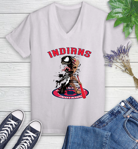 MLB Cleveland Indians Baseball Venom Groot Guardians Of The Galaxy Women's V-Neck T-Shirt